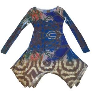 Tee's by Viviana G Y2K Boho Mesh Long Sleeve Handkerchief Hem Blue Printed Top M
